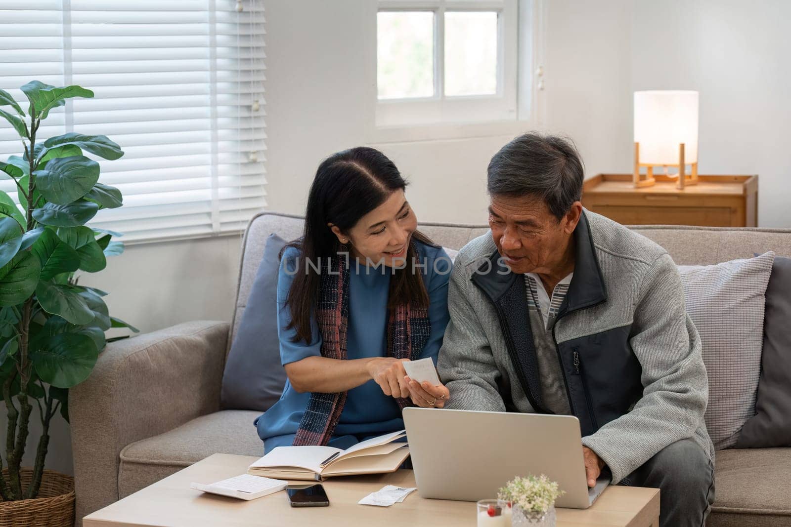 married retired senior couple checking and calculate financial billing together on sofa.