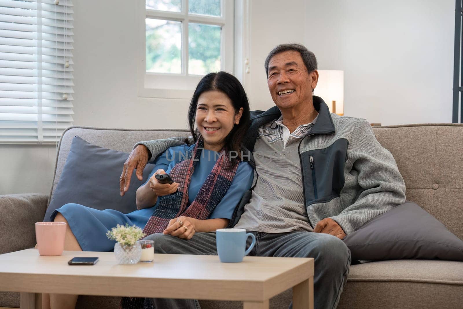 Relaxed elderly couple enjoying weekend together at home. senior retirement concept.