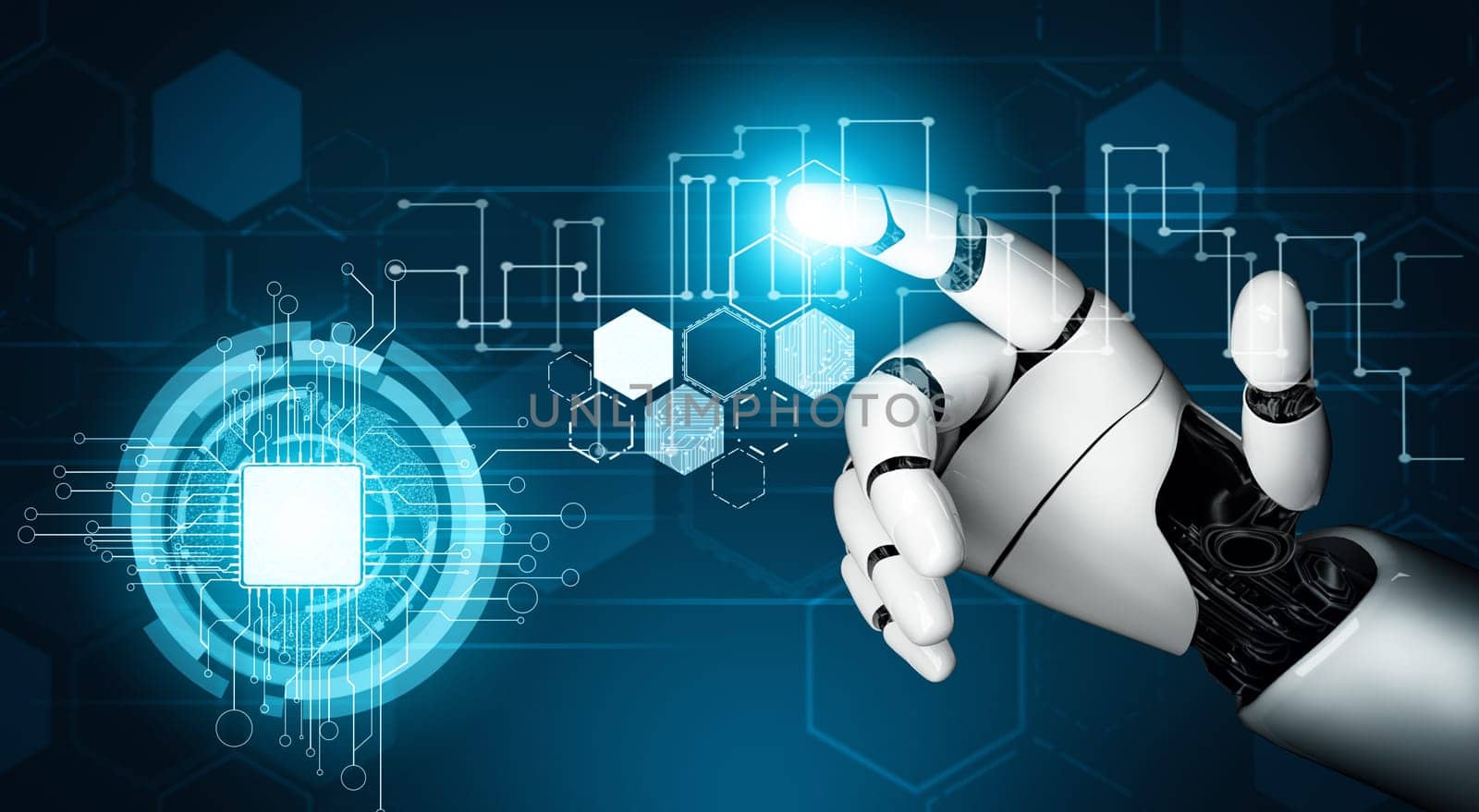 MLP 3D Rendering futuristic robot technology development, artificial intelligence AI, and machine learning concept. Global robotic bionic science research for future of human life.