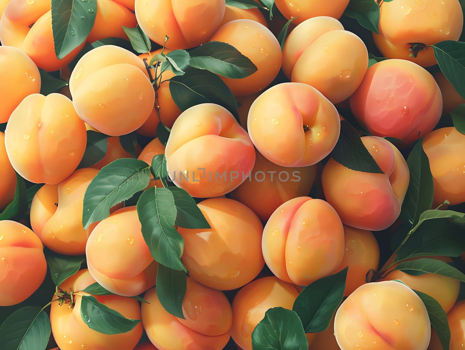 A pile of juicy apricots with vibrant green leaves, a delicious and nutritious fruit that is a staple food packed with natural goodness and perfect for cooking or snacking