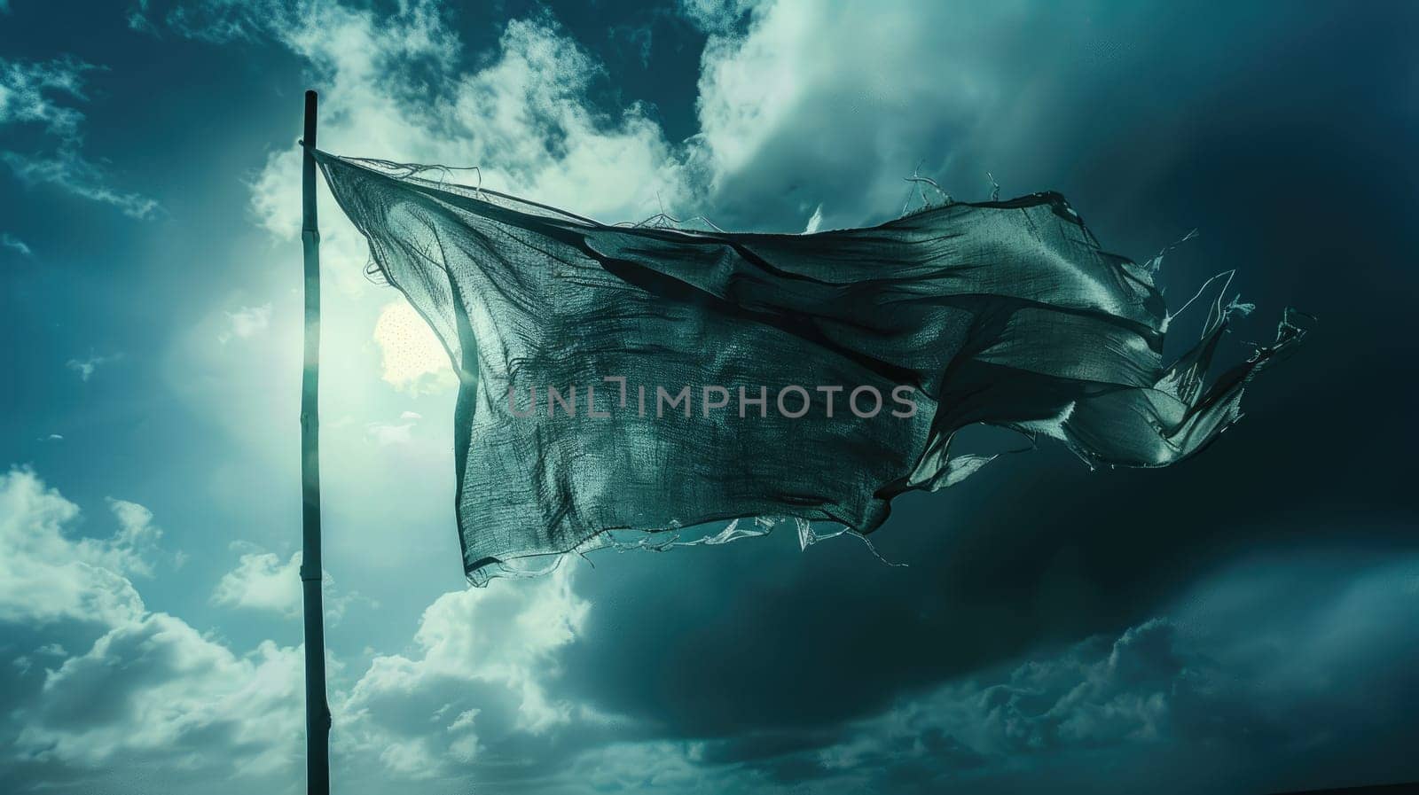 A vibrant red flag flutters under a cumulus cloud in the electric blue sky amidst the vast expanse of liquid water, signaling a warning to travelers of potential danger ahead AIG50