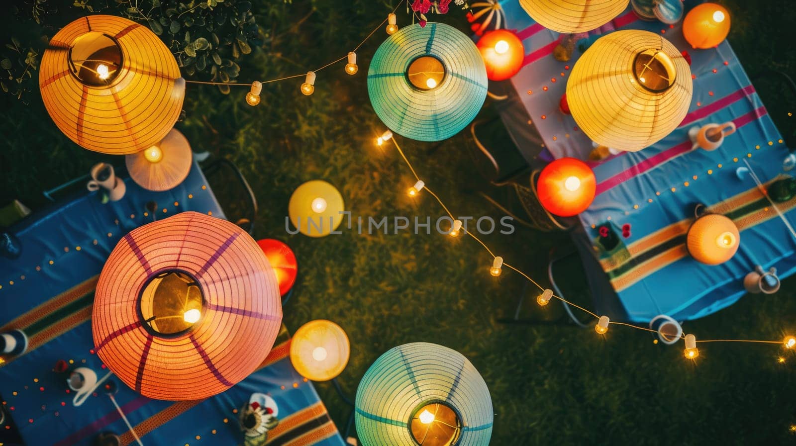 A group of people is gathered in a circle on blankets, surrounded by lanterns and lights, creating a beautifully illuminated space for a recreational event AIG50