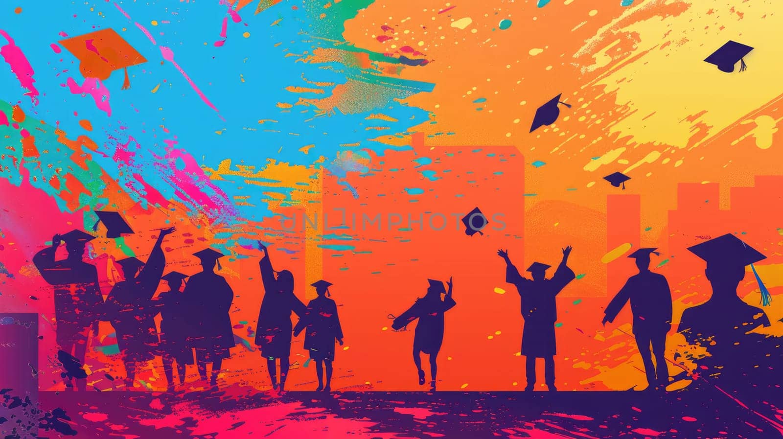Colorful illustration of graduates throwing their caps in the air AIG51A.