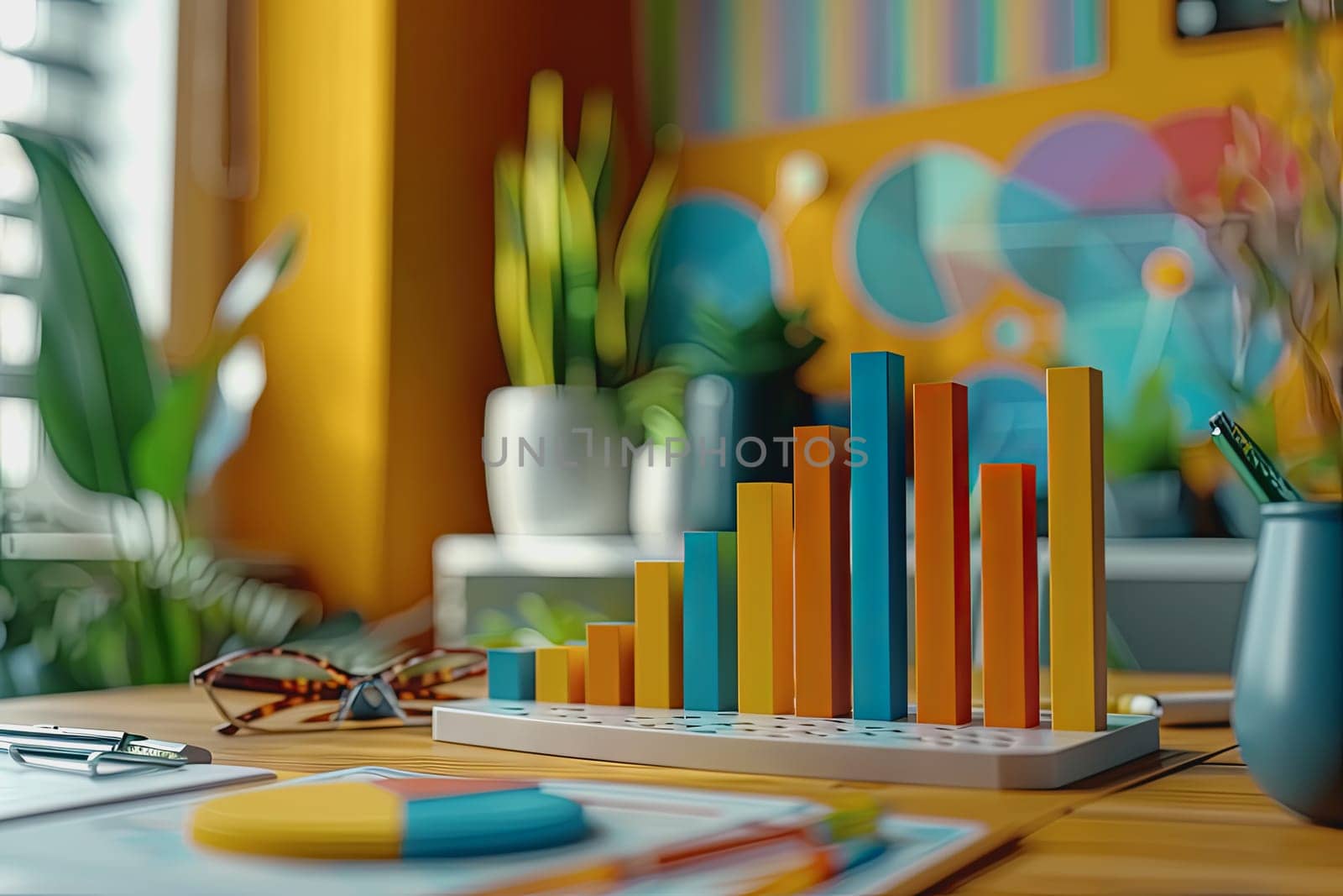 three dimensional mockup charts showing financial data and business growth