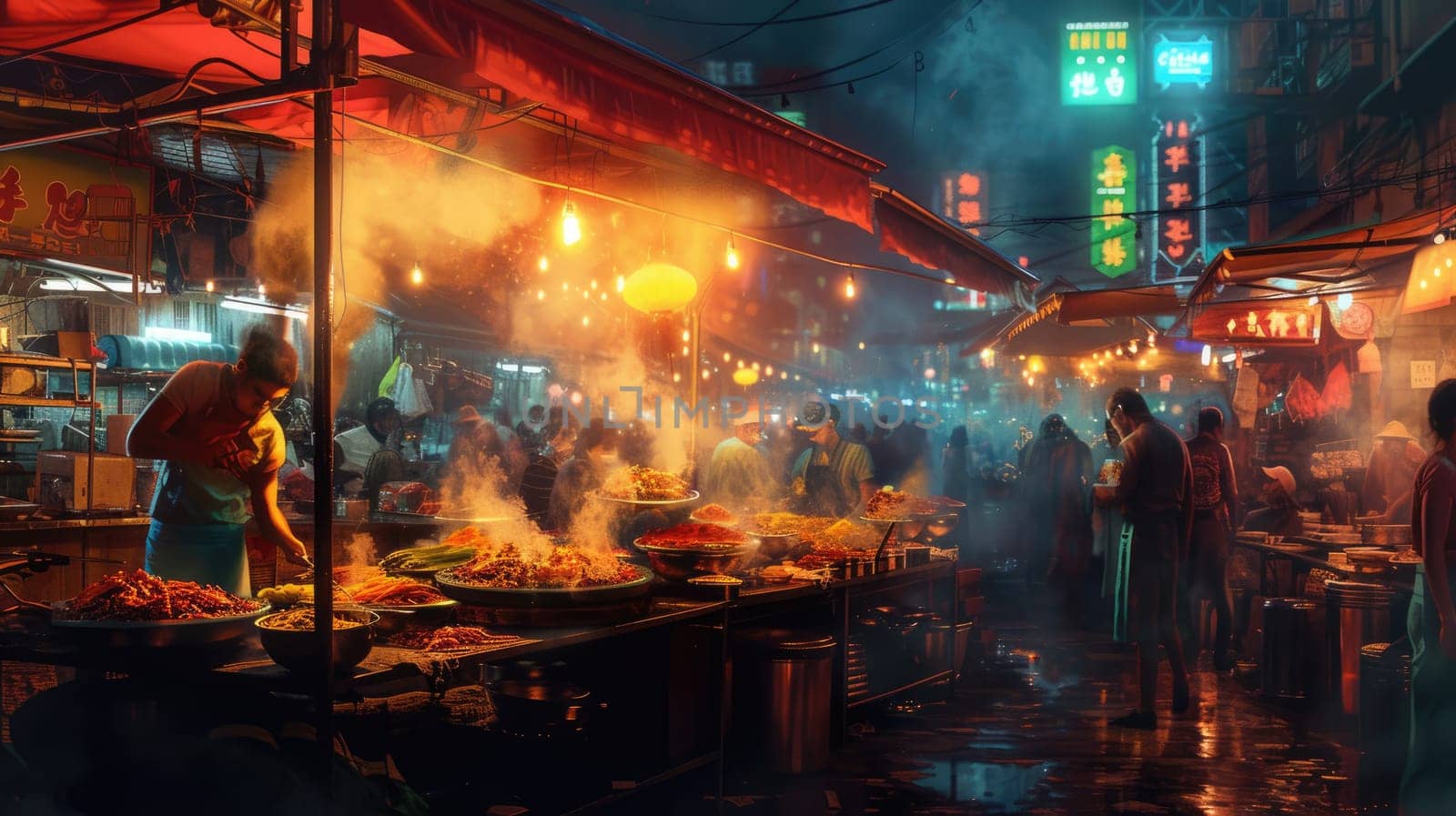 Hot grilled tradition chinese street food placed on food stall with smoke and surrounded by diverse people walking at night market with neon light and blurring background. Tourism concept. AIG42.