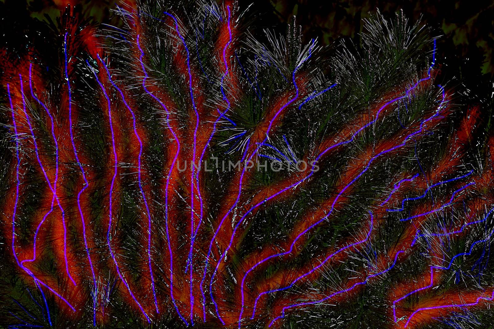 Shiny tree fir pine branches with abstract glowing red and blue stripes by jovani68