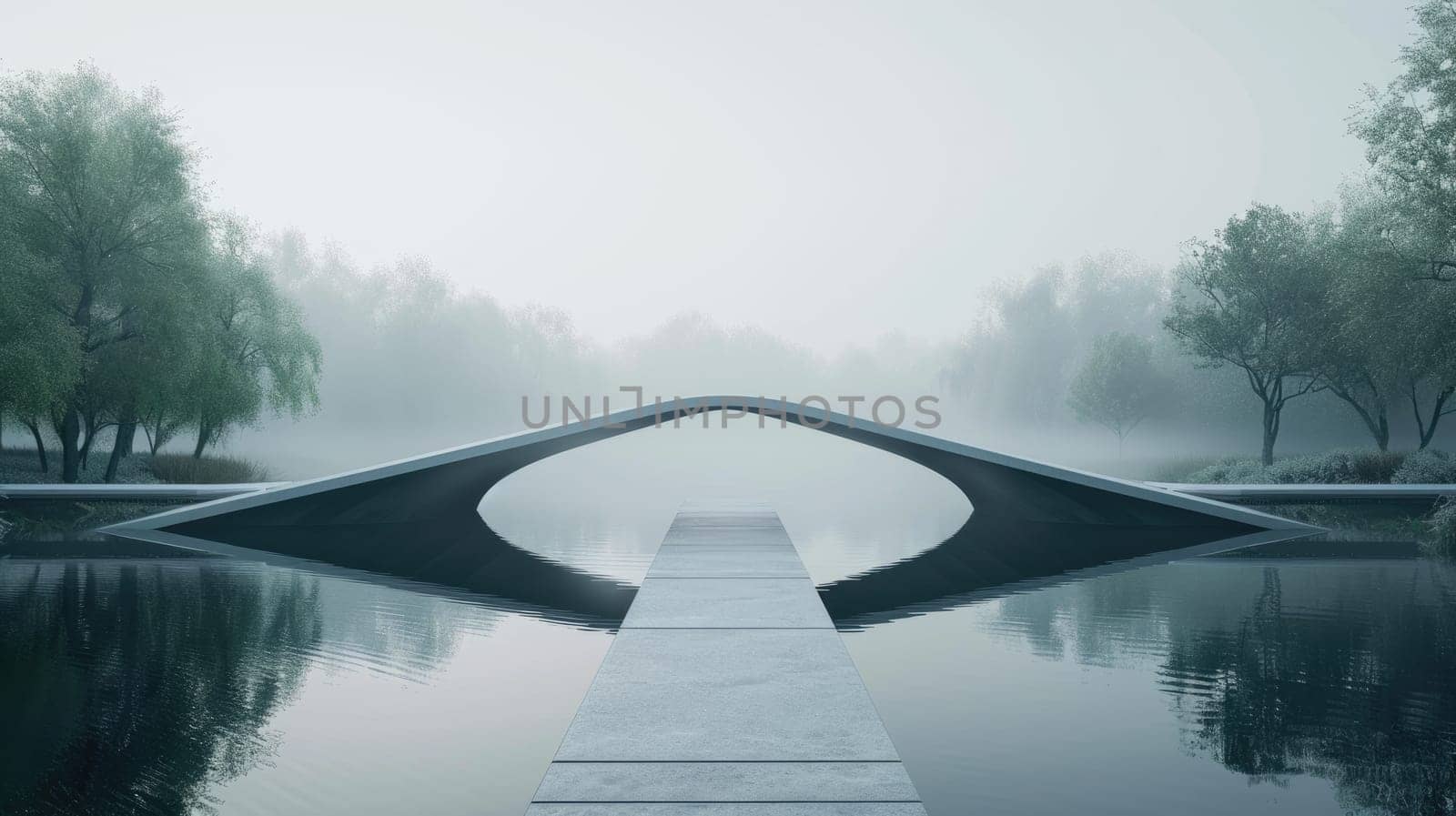An image of minimalist architectural building or bridge surrounded with river and clear sky. Modern construction design represent tranquility and peaceful atmosphere with white and blue color. AIG42.