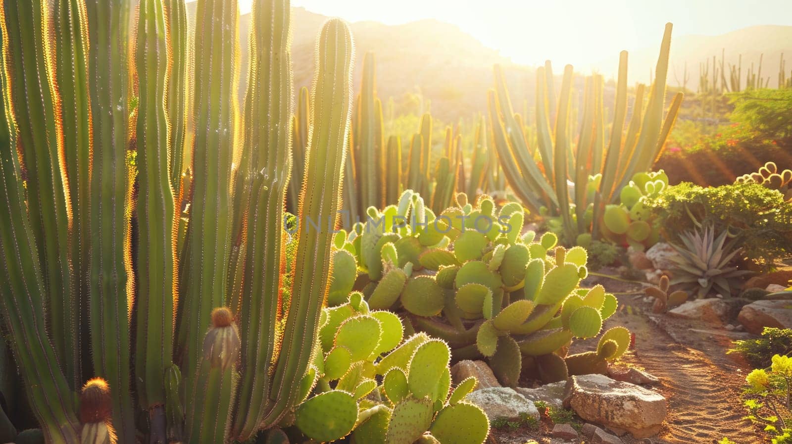 This garden is home to a diverse array of cacti, showcasing the beauty of these terrestrial plants in a natural environment. Its like a living painting of vegetation in a biome AIG50