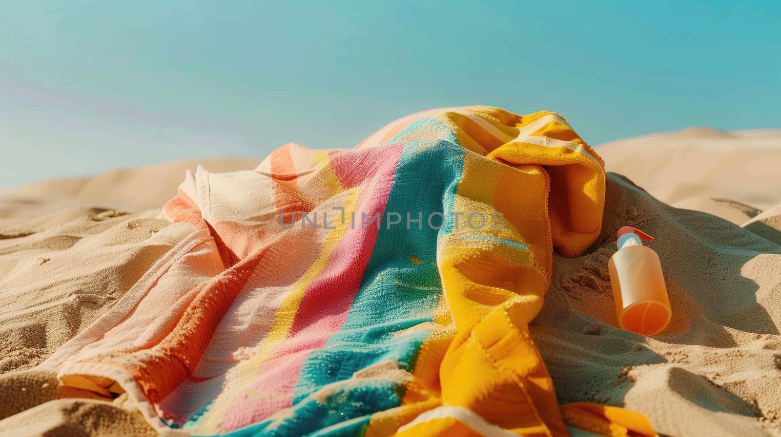 Under the vast sky and surrounded by nature, a towel and a bottle of sunscreen are left on the sandy beach, next to a watercraft and a beautiful landscape of grass and clouds AIG50