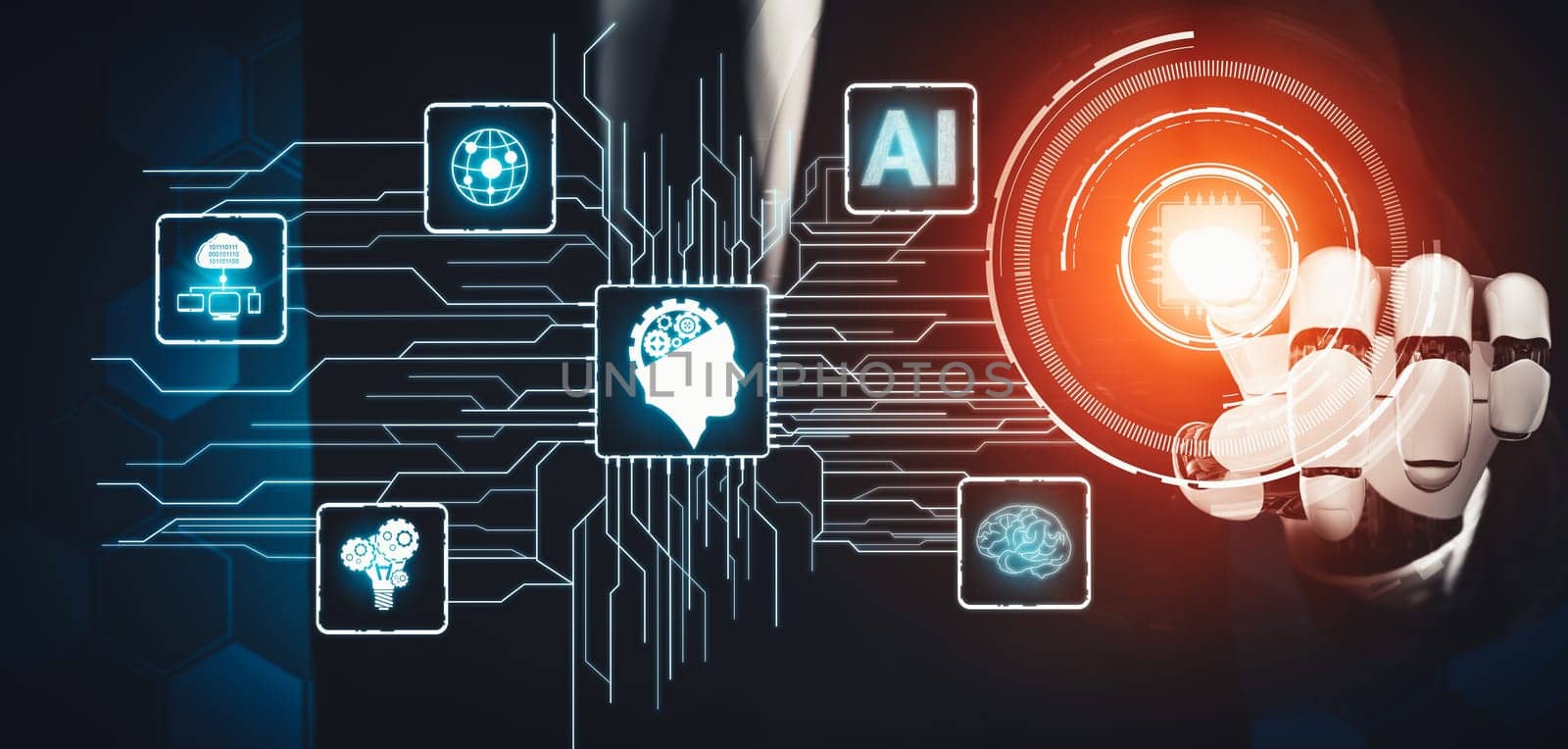 MLP 3D rendering futuristic droid robot technology development, artificial intelligence AI, and machine learning concept. Global robotic bionic science research for future of human life.