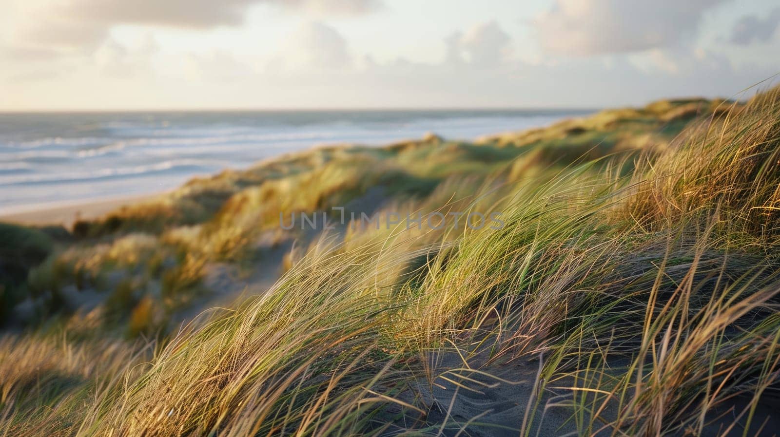 A natural landscape of tall grass stretching towards the horizon with the ocean in the background. Clouds float in the sky above the fluid water AIG50