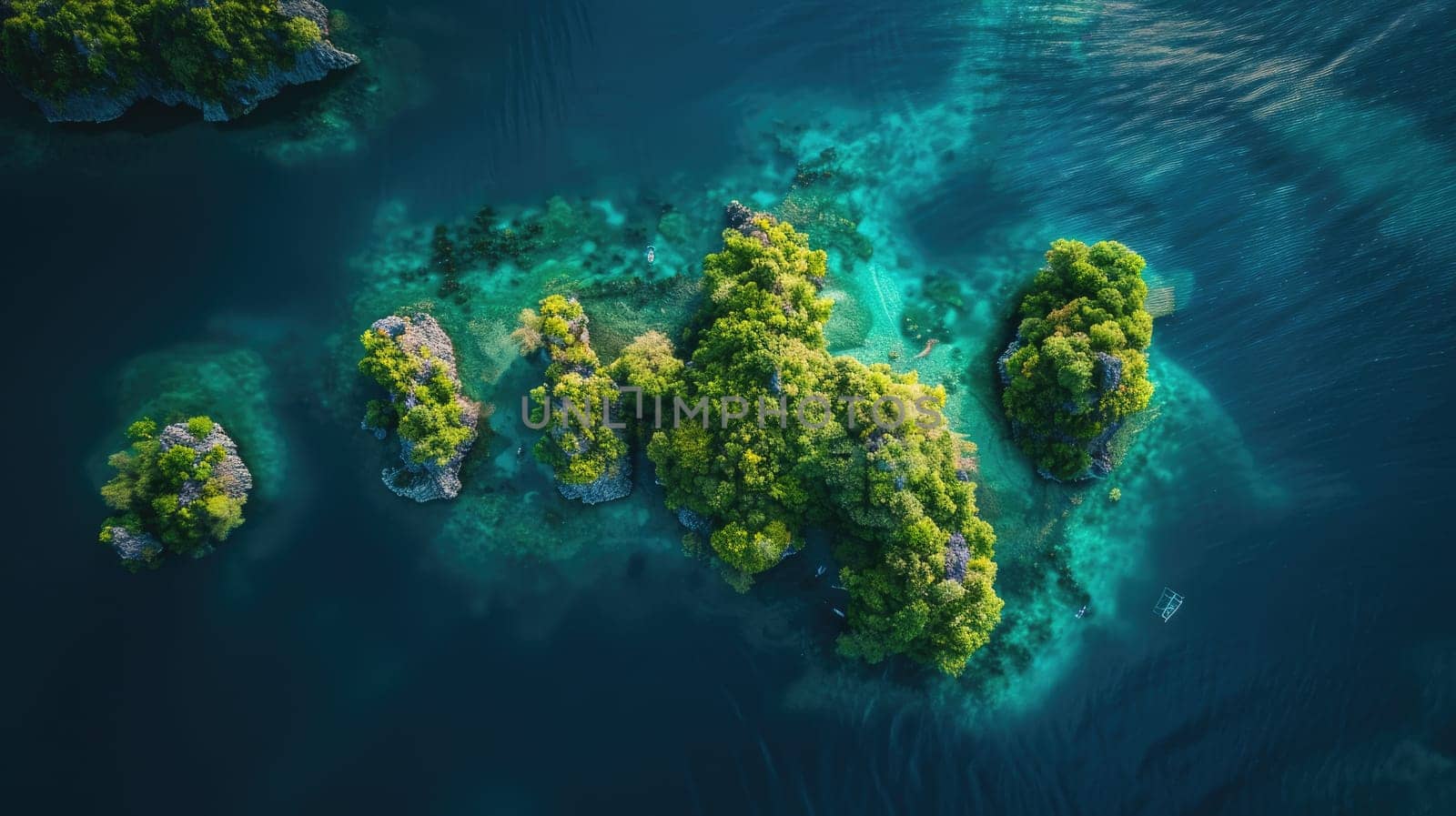 A breathtaking aerial view of a cluster of small islands surrounded by crystal clear water in the center of a serene lake, showcasing the beauty of natural landscape and marine biology AIG50