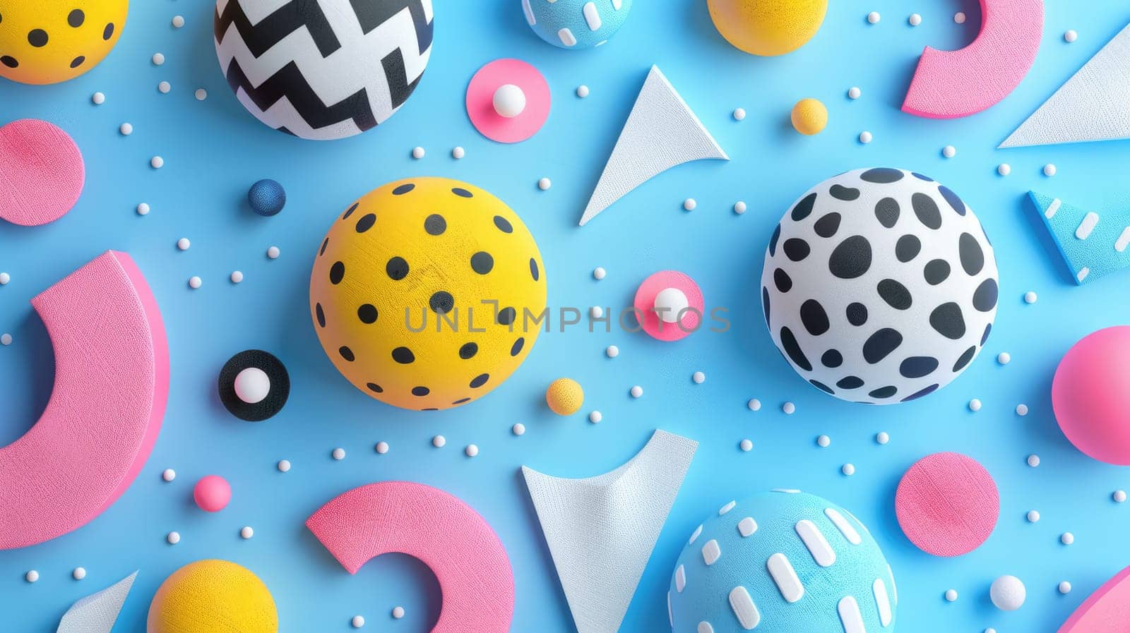 3D rendering of polka-dotted spheres and geometric shapes in pastel colors on a blue background. AIG51A.