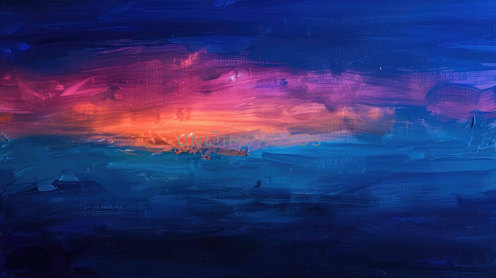 The sky resembles a galaxy with an array of clouds in shades of blue, purple, violet, and magenta. The cumulus formations create an artlike scene, with hues of electric blue and water AIG50