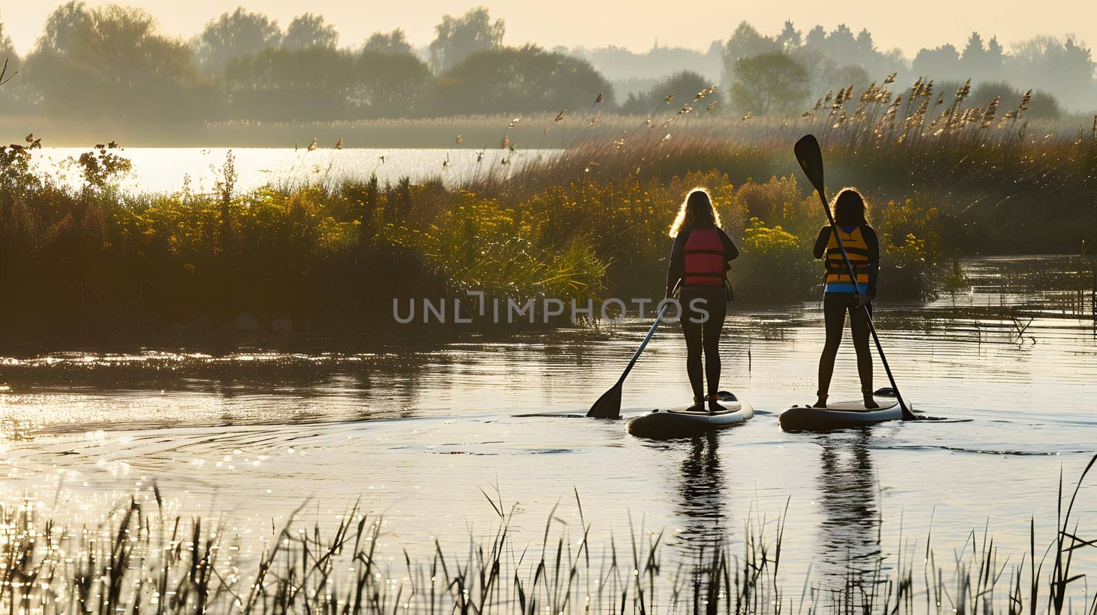 Two people paddle boarding in the lake, enjoying the natural landscape and sky by Nadtochiy