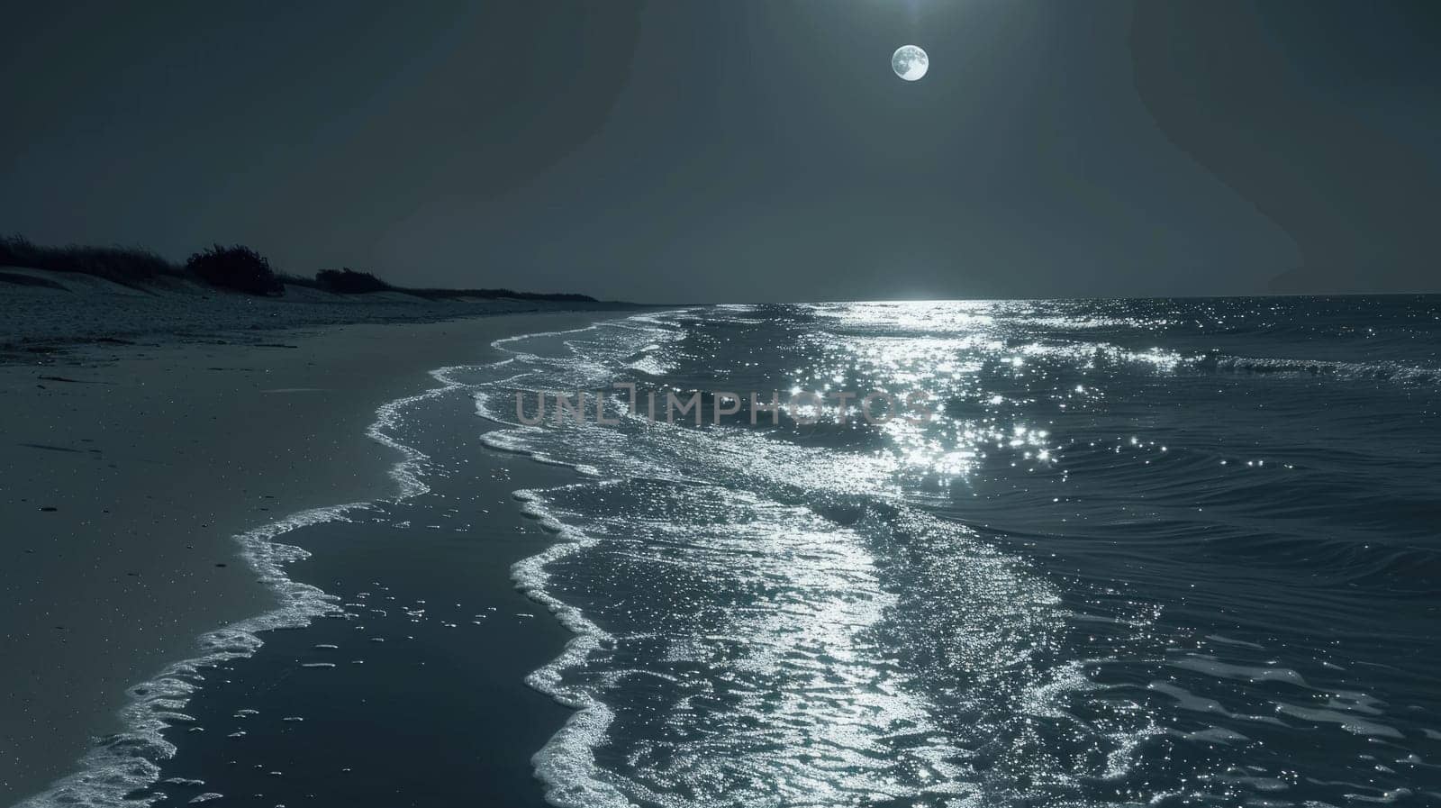 The full moon casts a shimmering light over the liquid surface of the ocean at night, creating a mesmerizing atmosphere with clouds and a clear sky AIG50