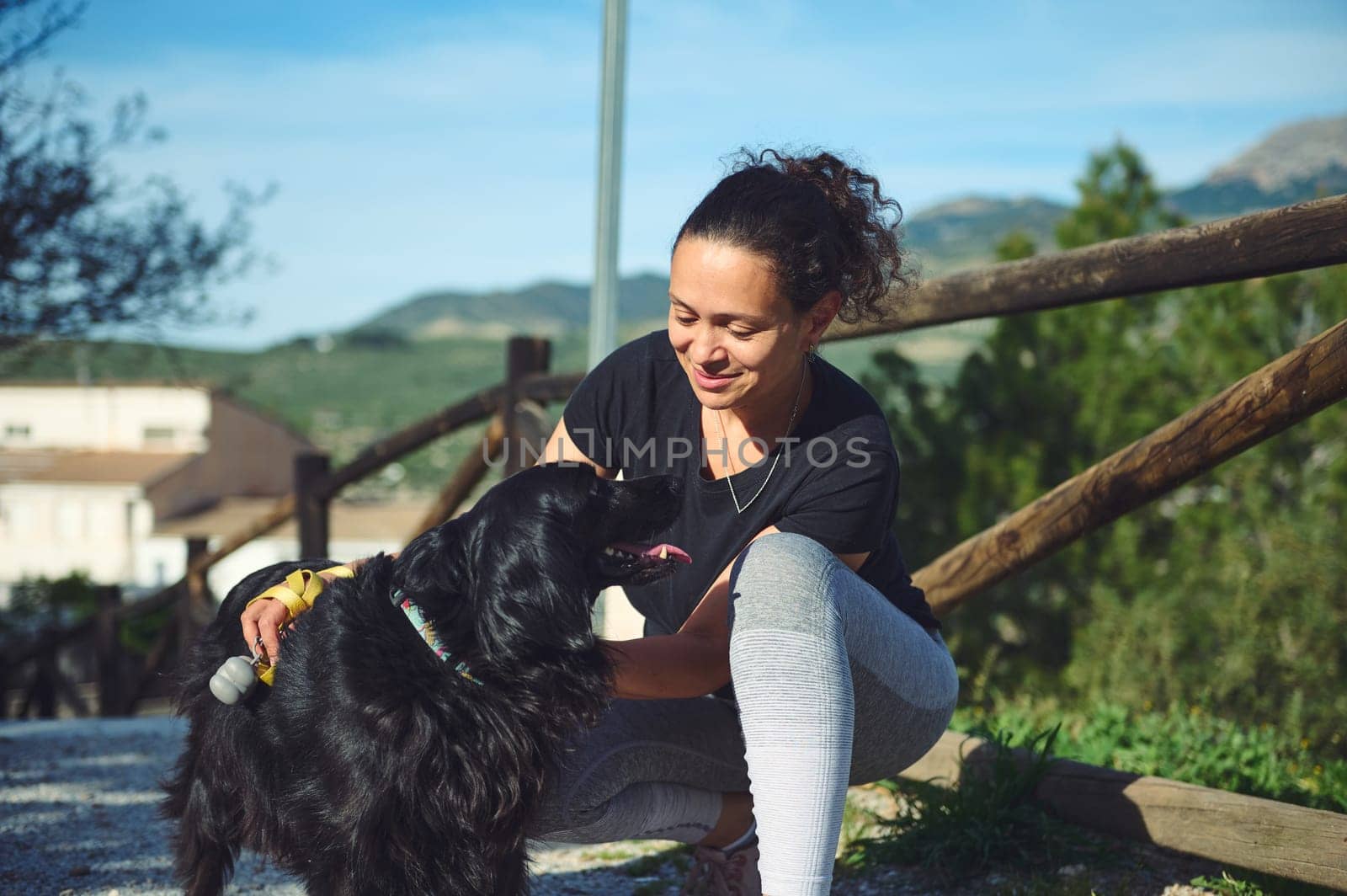 Happy woman stroking her dog, a black cocker spaniel while walking together in the nature on sunny day. People. Domestic animals. Healthy active lifestyle