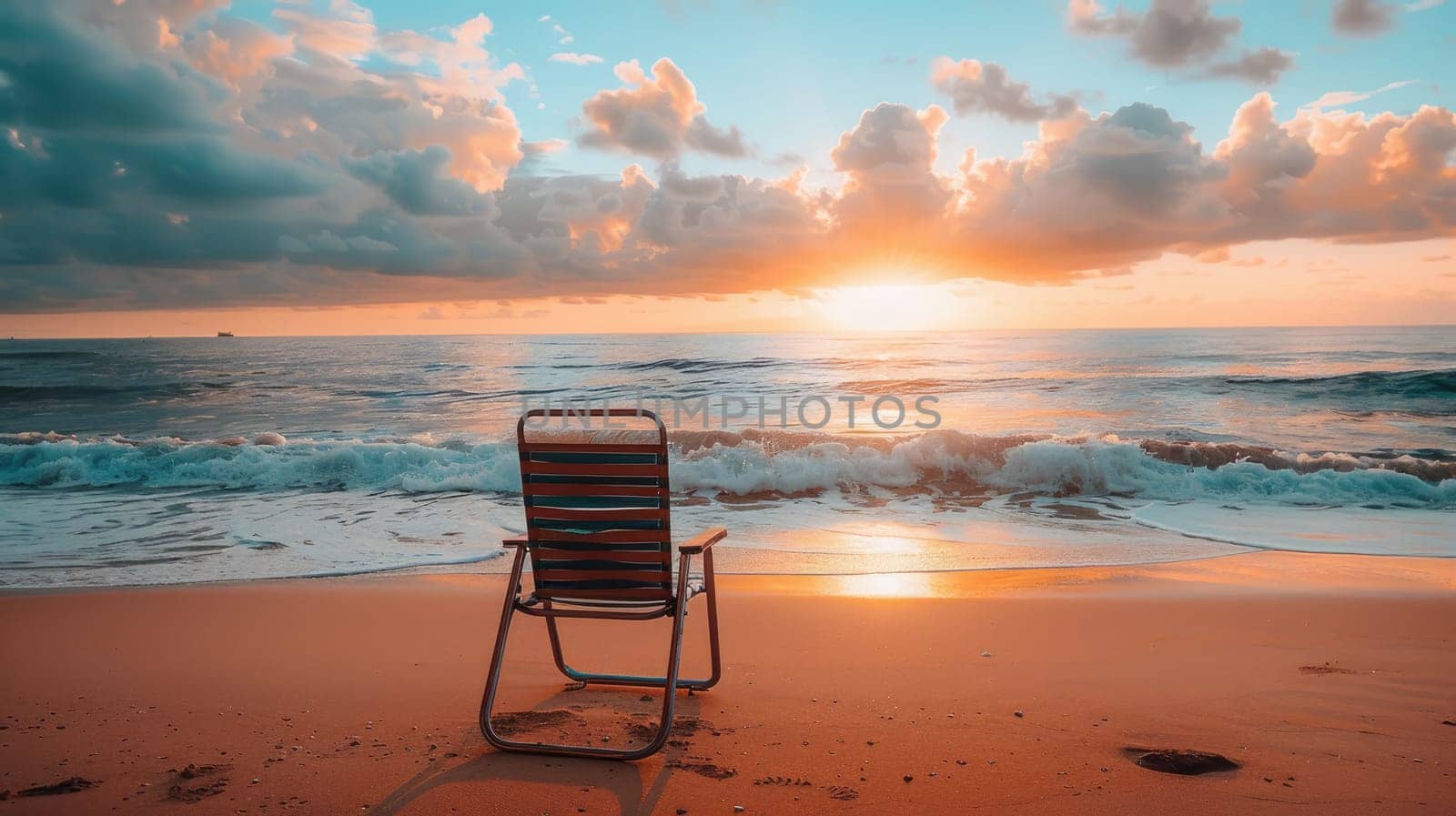 A chair is placed on the beach at dusk, with water reflecting the colorful sky and clouds as the sun sets over the horizon, creating a serene landscape AIG50