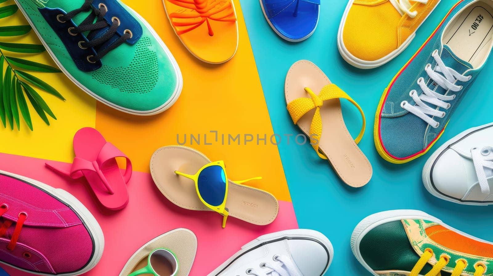 There is a variety of shoes and sandals displayed on a colorful background, including walking shoes, outdoor shoes, and electric blue and orange sandals. The vibrant display is like a work of art AIG50