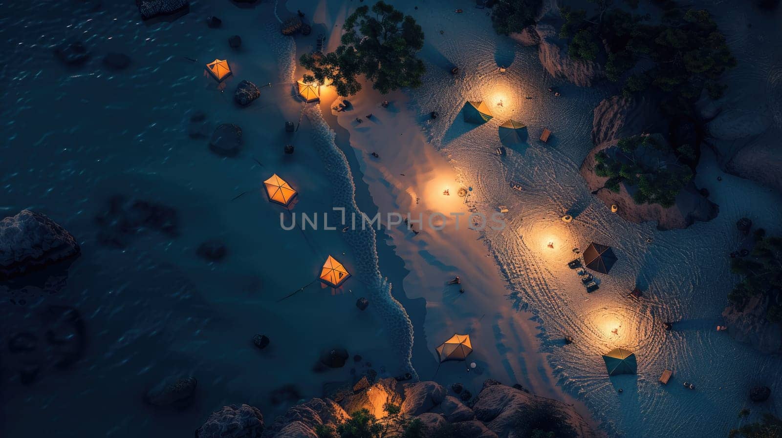 A captivating aerial view of a beach at night with a string of lanterns illuminating the waters edge, creating a magical atmosphere under the cover of darkness AIG50