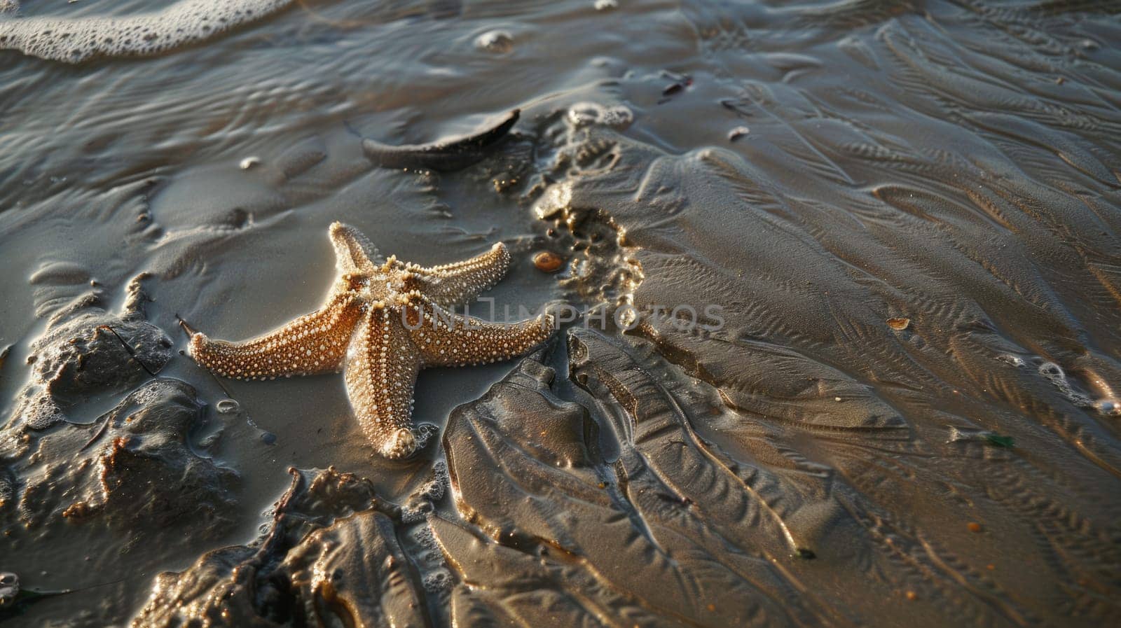 A starfish is resting on the sandy shore near the water, surrounded by terrestrial plants and animals. The natural landscape is peaceful, with the gesture of the starfish adding to the serene event AIG50