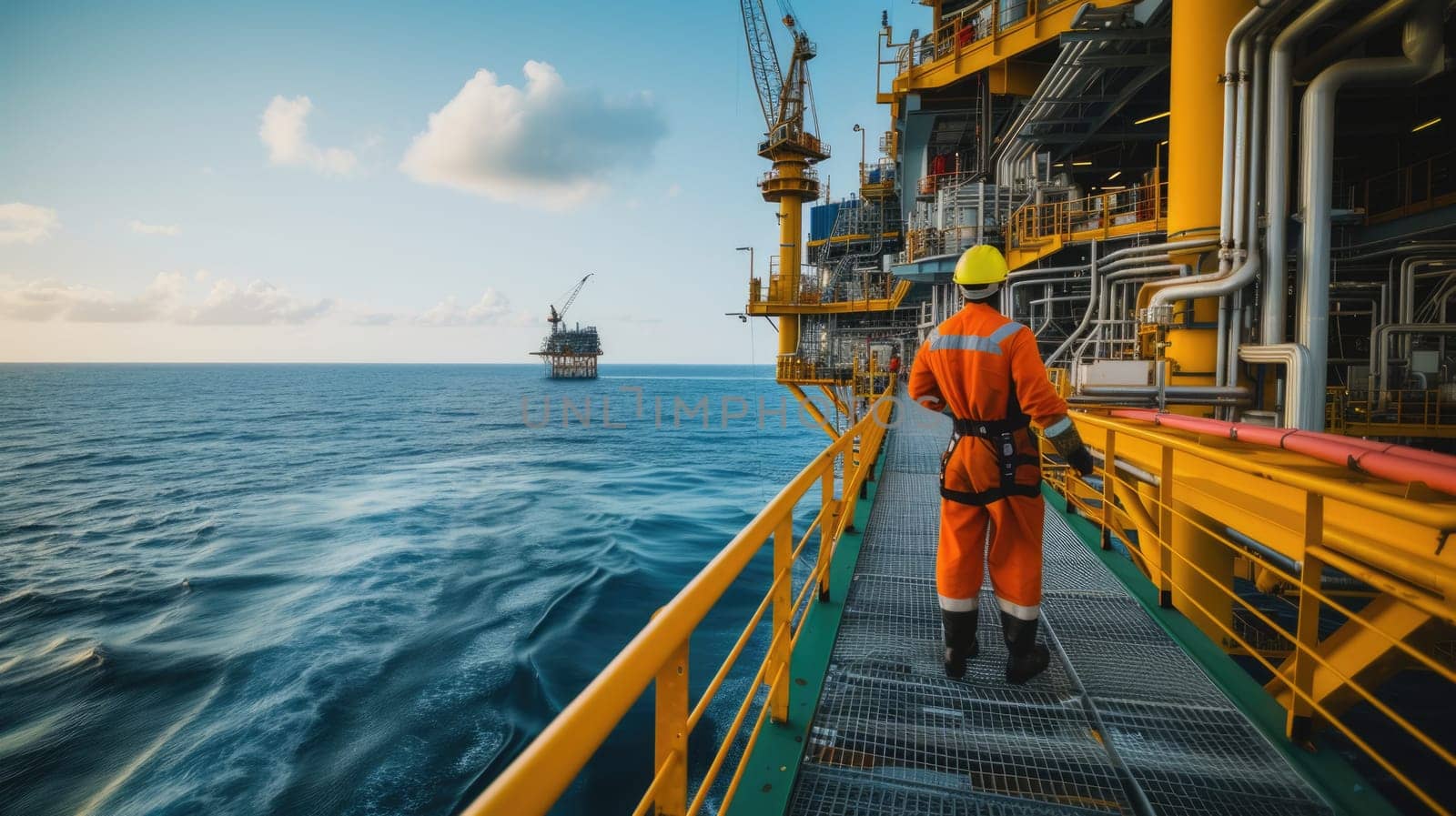 A man travels across the water, on a bridge connecting the oil rig to the boat, under a sky filled with clouds and naval architecture. AIG41