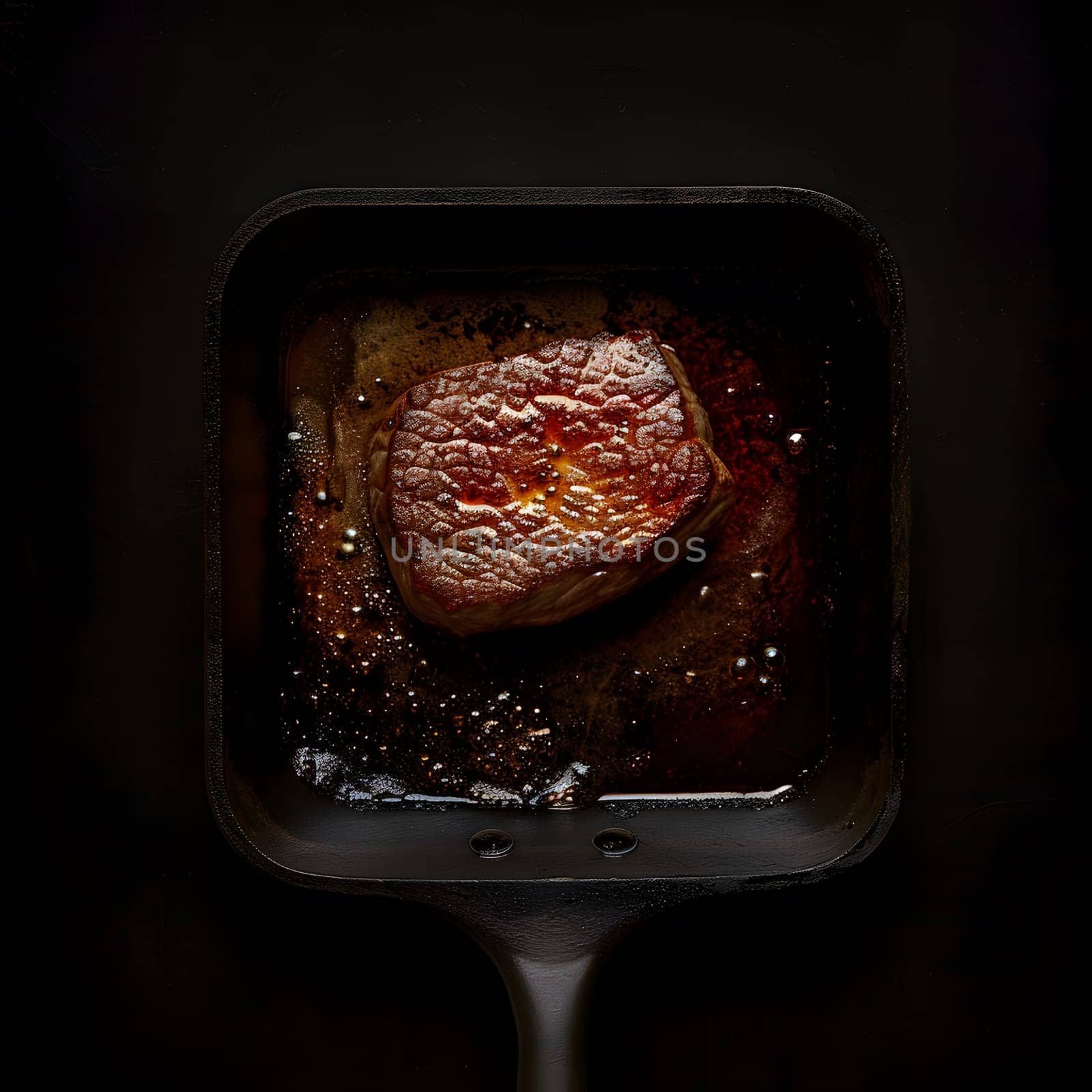 A food event is happening in darkness as a large piece of meat sizzles in a skillet, cooking with gas. The recipe calls for various ingredients and cookware