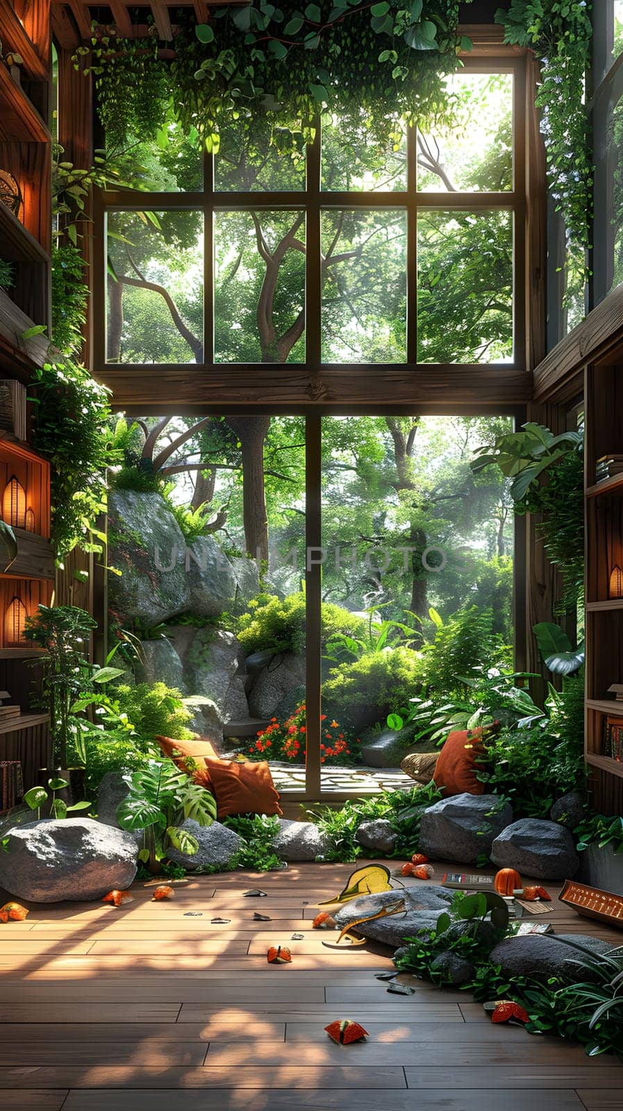 A room in a building with a large window overlooking lush vegetation and surrounded by plants and trees, allowing sunlight to filter through the interior design