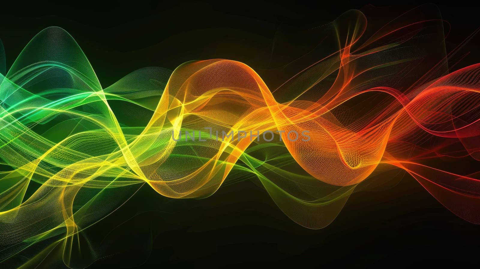 Abstract painting with bright red, yellow and green waves against a black background. AIG51A.