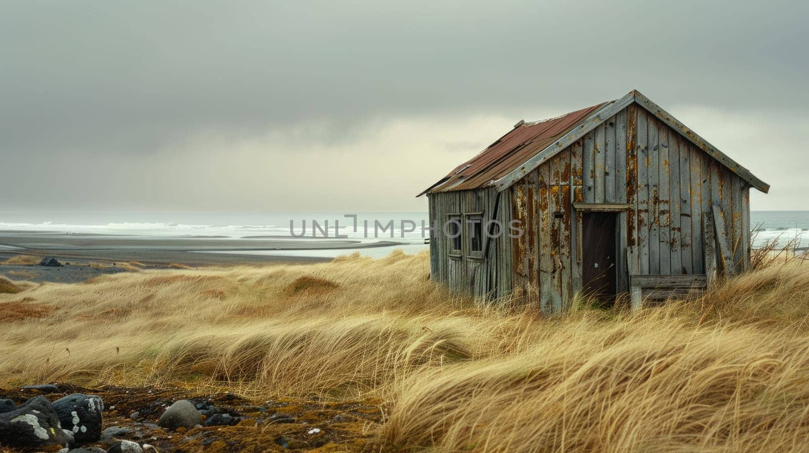 A small wooden house stands on a beach by the ocean under a cloudy sky, blending into the natural landscape with its rustic facade AIG50