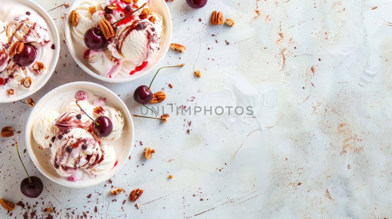 There is a variety of ice cream flavors in the bowls, featuring different ingredients and produce. This dessert is a favorite food item in many cuisines AIG50