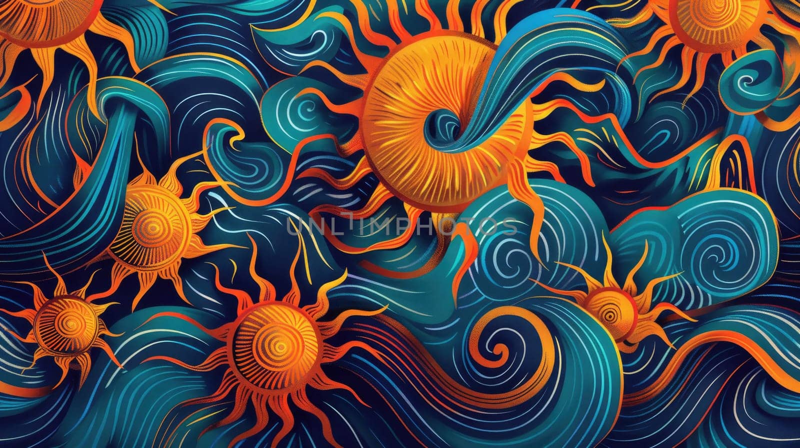 Textile sleeve featuring an intricate pattern of suns, moons, and swirls on a black background. The design incorporates elements of organisms, plants, and art in electric blue, aqua, and symmetry AIG50