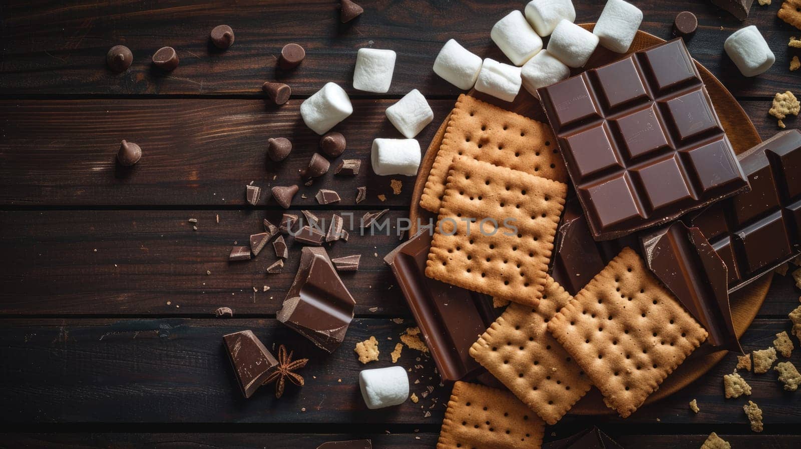 A wooden table featuring a tempting display of food ingredients like chocolate, marshmallows, and crackers, perfect for making delicious indoor smores AIG50