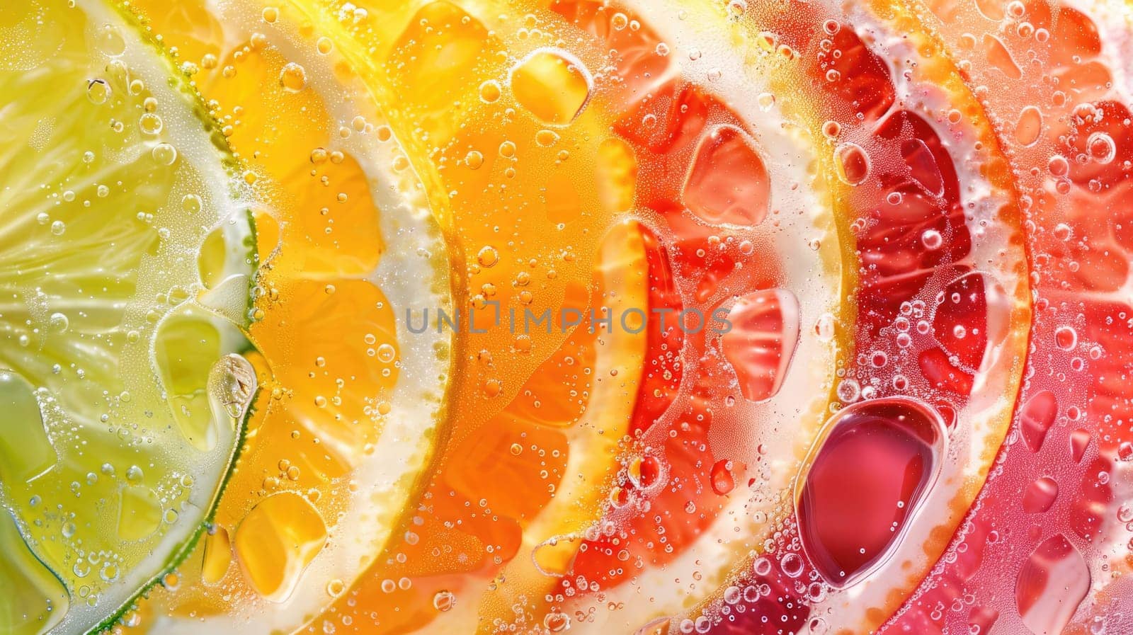 A colorful display of sliced citrus fruits such as orange, peach, and amber produce a vibrant array on the table. These ingredients can be used to create a delicious fruit dish in various cuisines AIG50