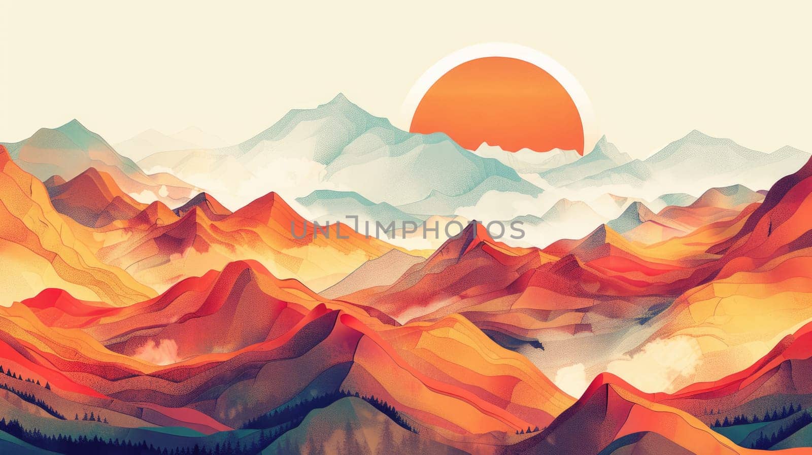 A vibrant painting of a mountain range with the sun shining through the orangetinted mountains, showcasing creative use of tints and shades and triangular shapes AIG50