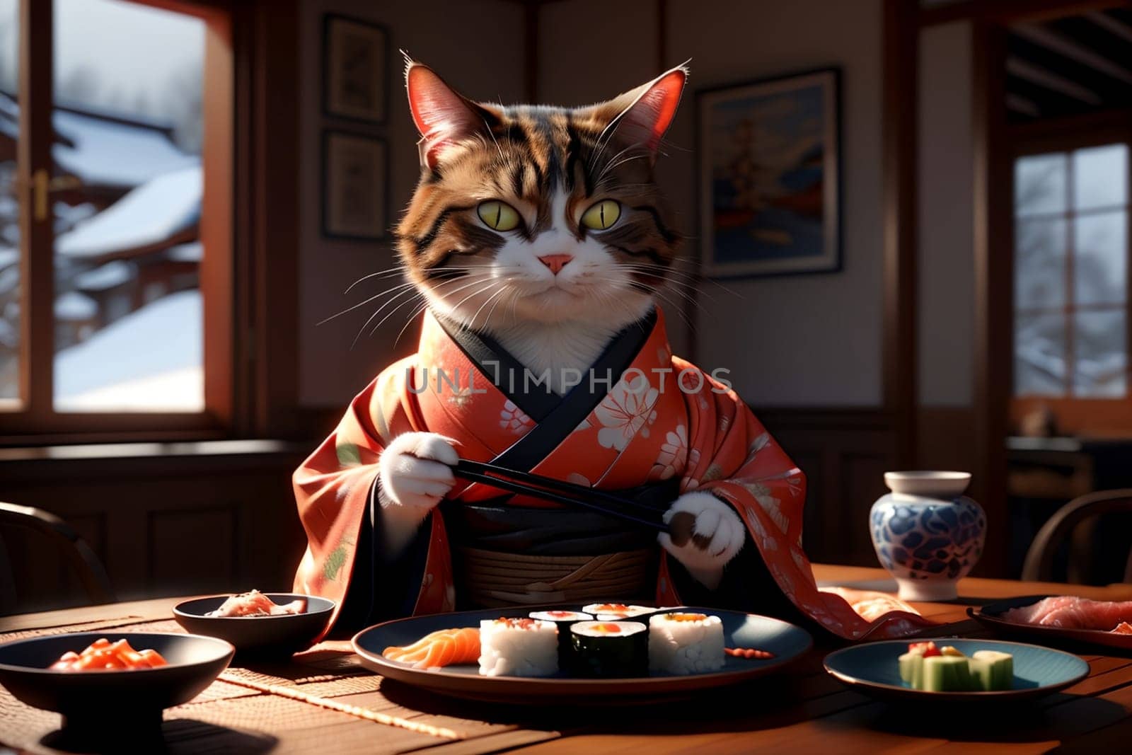 cat in a Chinese kimono prepares sushi .