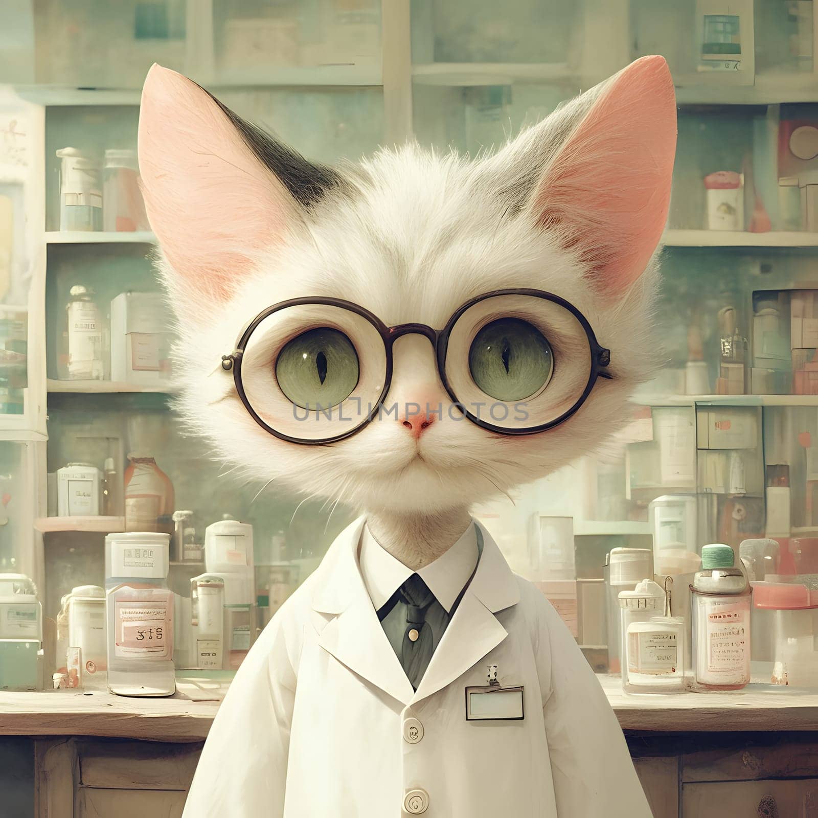 A Felidae, wearing Glasses, and a Lab Coat, stands next to a Shelf filled with Vision care books. The Cat has Whiskers and looks scholarly
