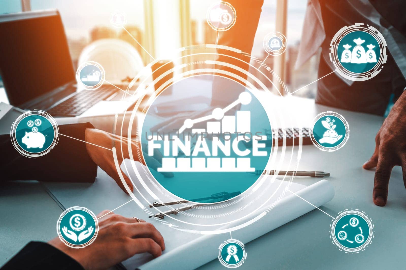 Finance and Money Transaction Technology Concept. Icon Graphic interface showing fintech trade exchange, profit statistics analysis and market analyst service in modern computer application. uds