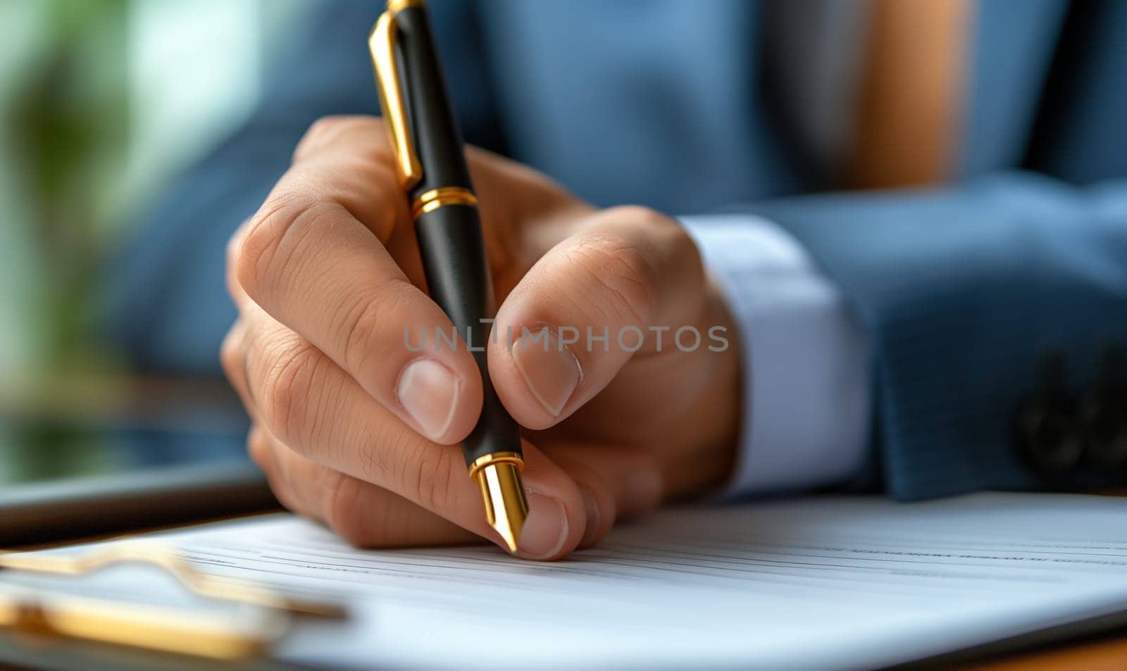 Individual using pen to write on white paper.