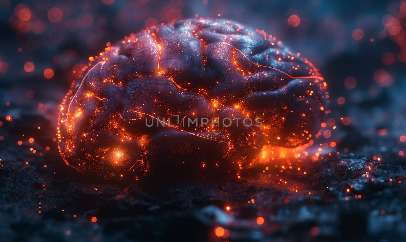 Detailed view of a brain resting on a wet surface.