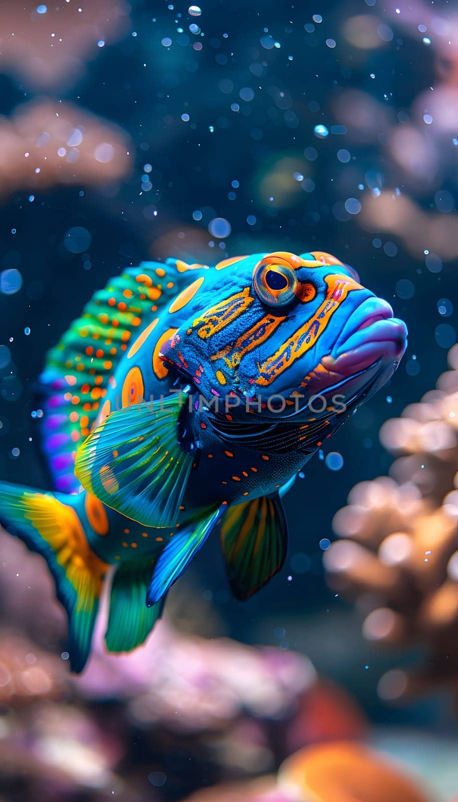 Electric blue fish swims near coral reef in underwater natural environment by Nadtochiy