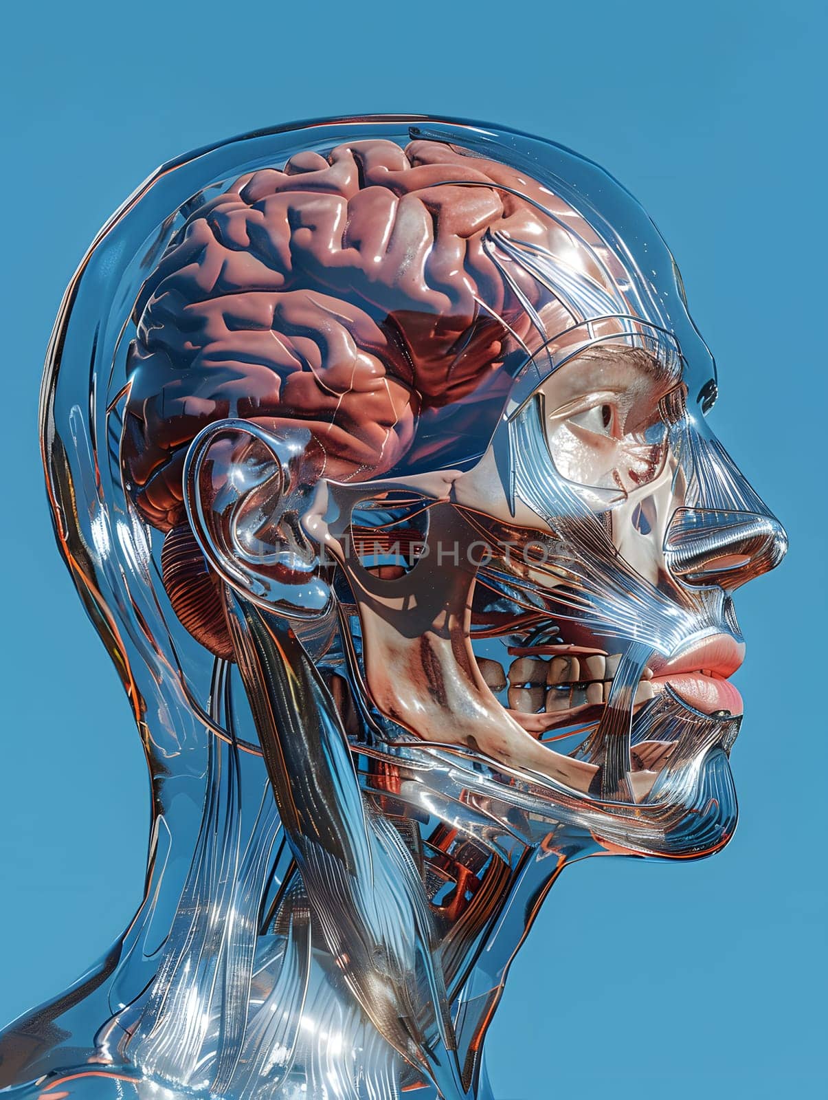 Glass head showing brain and muscles, human anatomy art piece by Nadtochiy