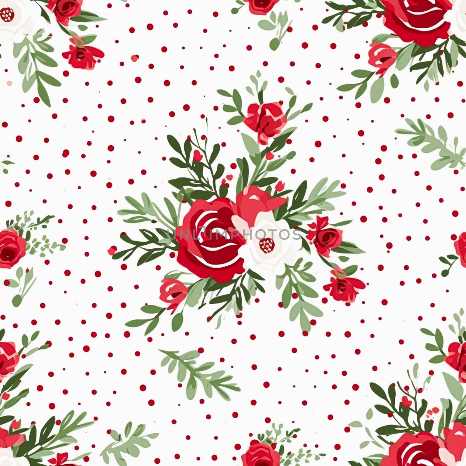 Seamless pattern, tileable Christmas holiday floral, country flowers dots print, English countryside roses for wallpaper, wrapping paper, scrapbook, fabric and product design by Anneleven