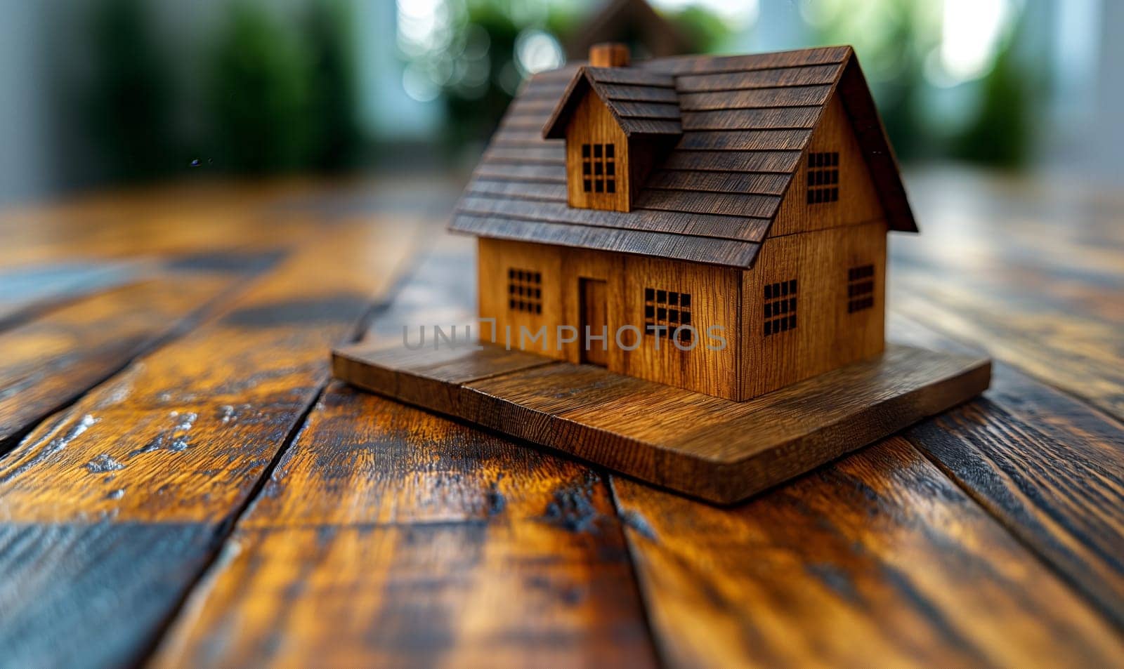 A miniature wooden house placed on top of a wooden table.
