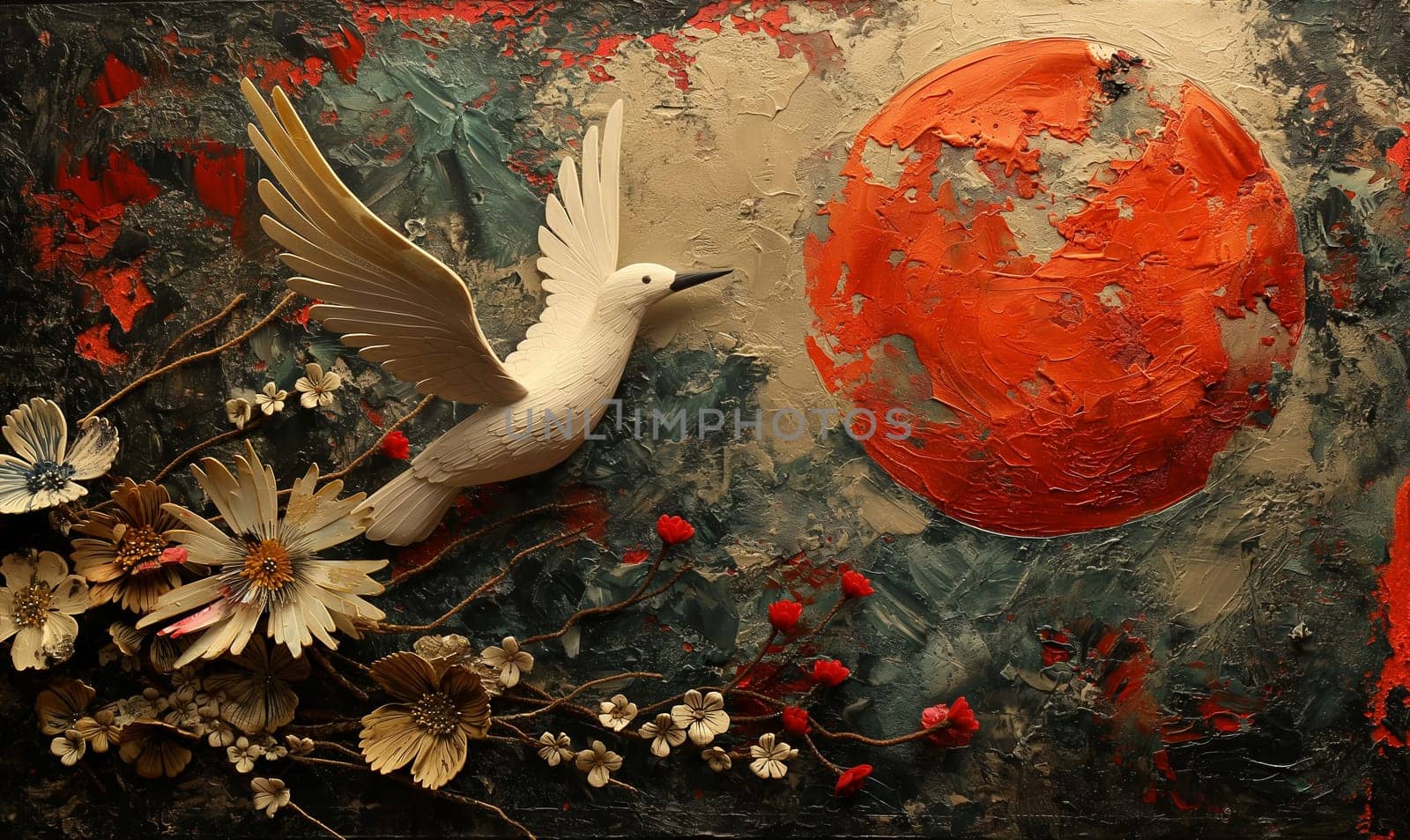 Artistic depiction of a bird surrounded by colorful flowers painted on a wall.
