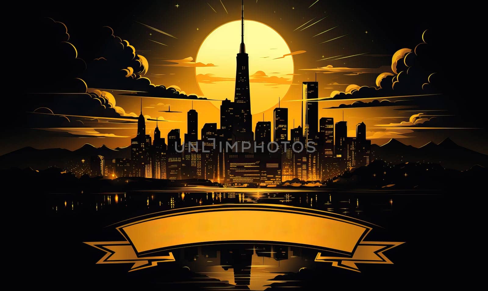 City skyline with a banner in the foreground.