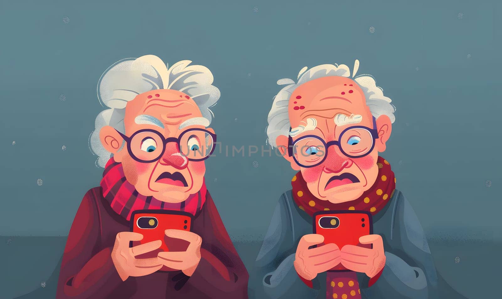 Elderly couple engrossed in their smartphones, ignoring the world around them by Nadtochiy