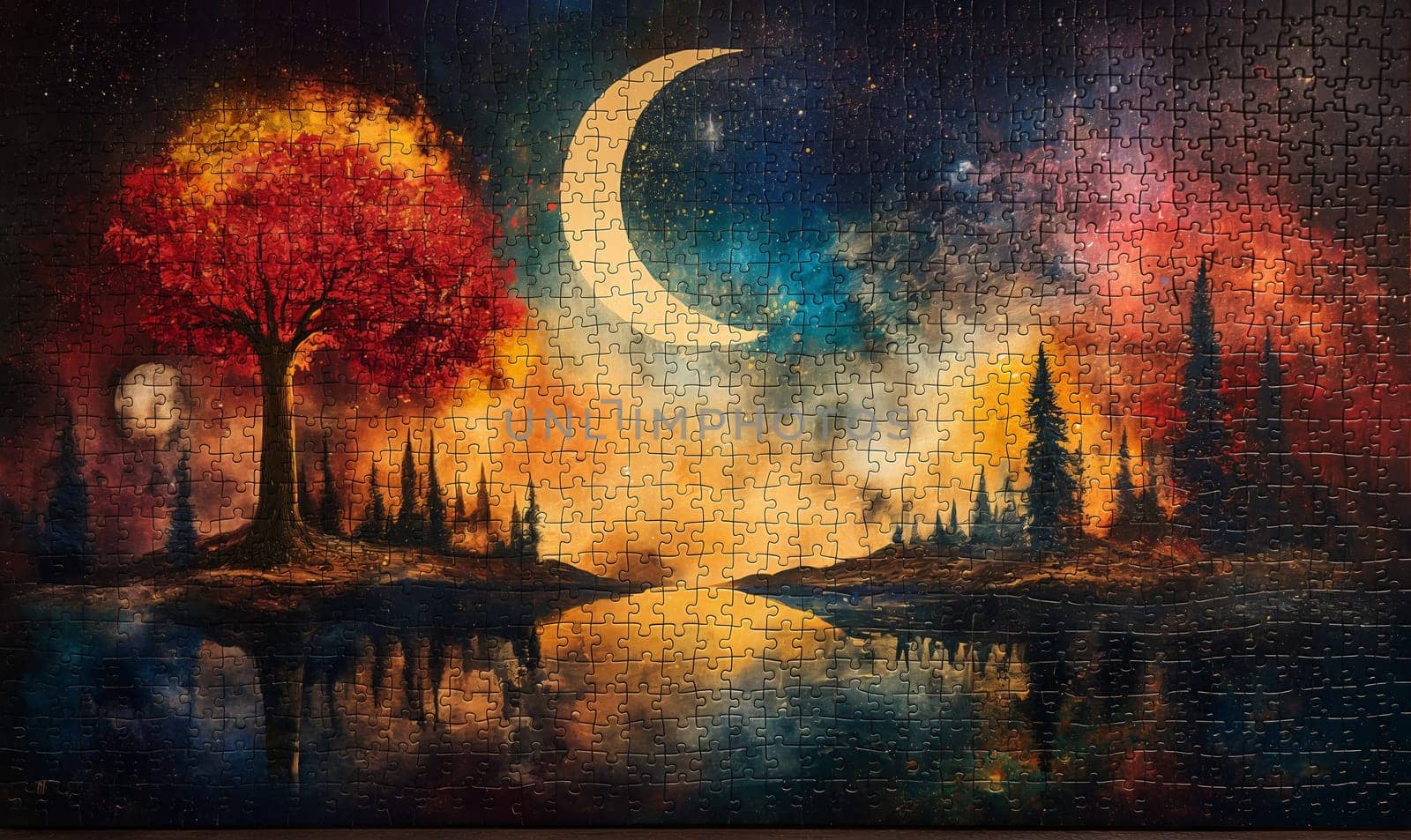 Night scene painting featuring a tree under the moonlight.
