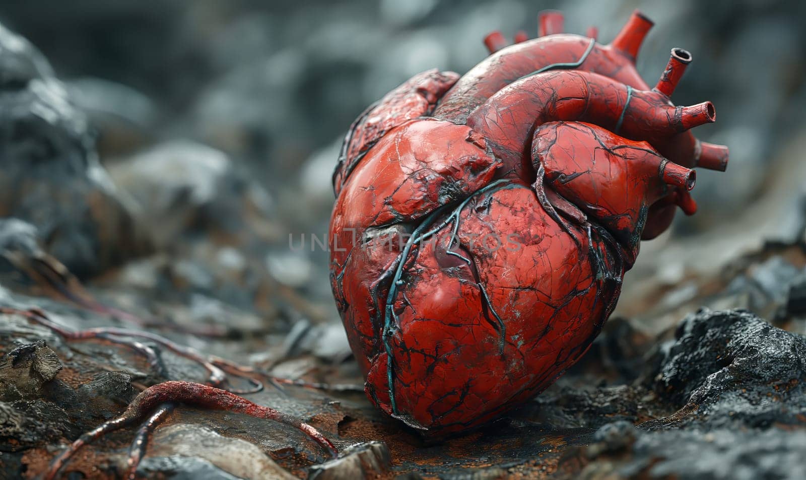 A red heart resting on a rugged surface of rocks.
