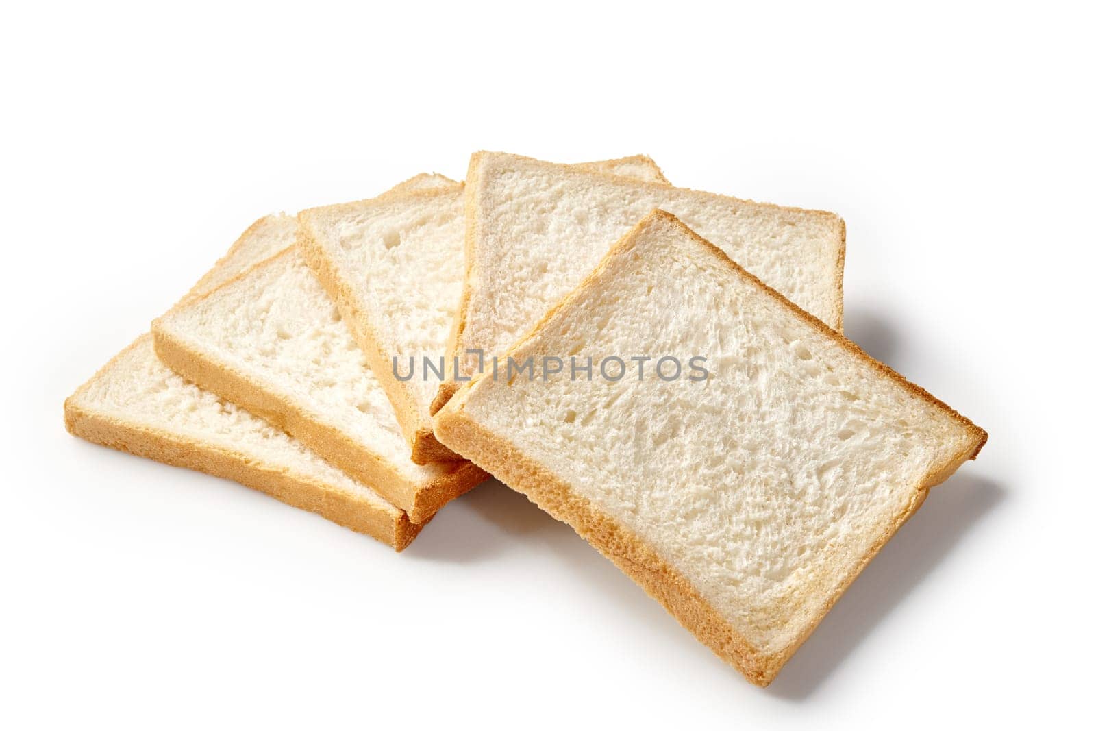 Stack of white sandwich bread slices with soft texture and golden edges, arranged against clean background, perfect for sandwiches or crispy toasts